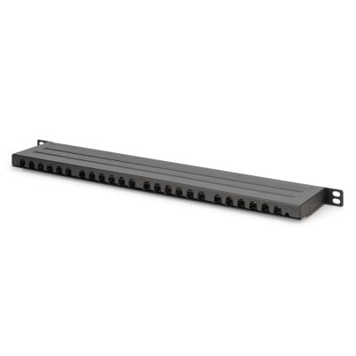 13. High density patch panel 19'' 24x RJ45, LSA level, cat.6, shielded, 0.5U, black, cable guide