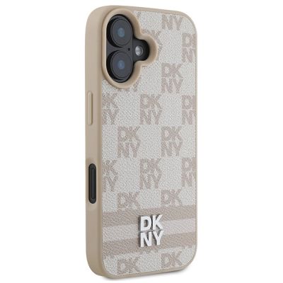 4. DKNY Checkered Pattern & Printed Stripes iPhone 16 Case - Pink