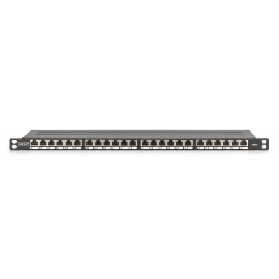 2. High density patch panel 19'' 24x RJ45, LSA level, cat.6, shielded, 0.5U, black, cable guide