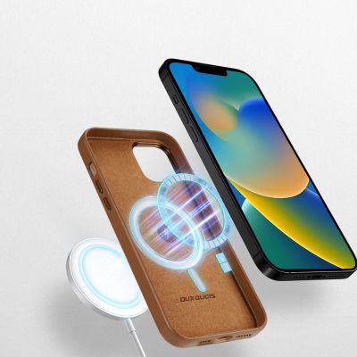 3. Dux Ducis Grit Leather Case for iPhone 14 Plus Elegant Faux Leather Cover (MagSafe Compatible) Brown