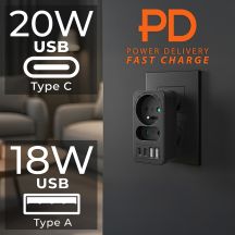 MACLEAN POWER SOCKET X2 + 4XUSB, SPLITTER WITH 2 SOCKETS, 2XUSB A, 2XUSB C PD 20W, 1X16A + 1X6A MCE249 F/B
