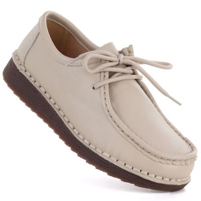 Women's leather lace-up moccasins, beige, Artiker 58C1519