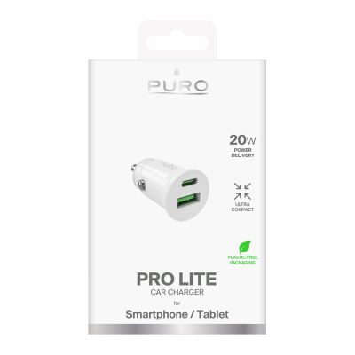 2. Puro Pro Lite Car Charger 1x USB-A + 1x USB-C Power Delivery 20W - White