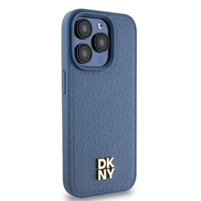4. DKNY Leather Monogram Pattern Metal Logo MagSafe Case for iPhone 15 Pro - Blue
