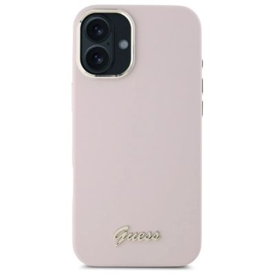 3. Guess Silicone Script Metal Logo & Frame iPhone 16 Plus Case - Pink
