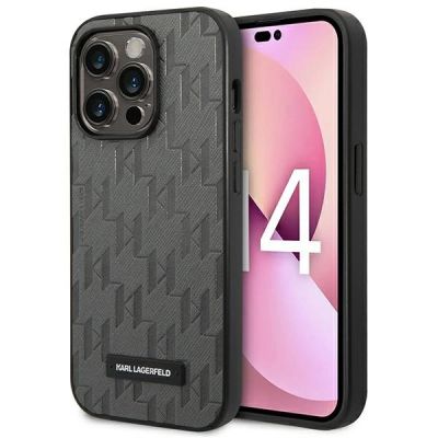 Karl Lagerfeld Saffiano Mono Metal Logo iPhone 14 Pro Max 6.7" Case - Gray