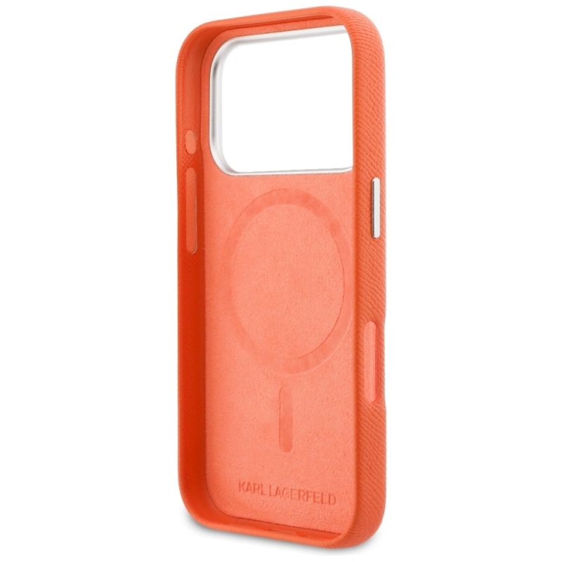 7. Karl Lagerfeld Karl & Choupette Head Pins Saffiano MagSafe Case for iPhone 17 Pro Max - Orange
