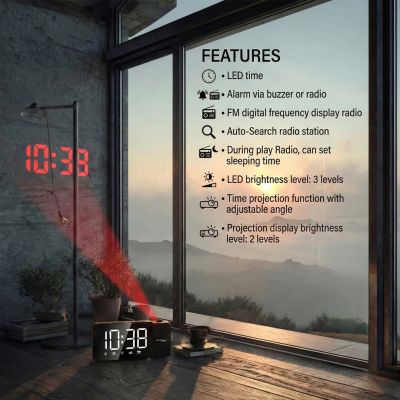 GREENBLUE DIGITAL LED ALARM RADIO WITH GREENBLUE PROJECTOR, FM RADIO, ALARM, CLOCK 12/24, USB POWER SUPPLY 5V DC + CR2032 GB172