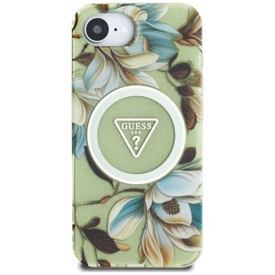 3. Guess IML Metal Glitter Flowers Triangle MagSafe iPhone 16e Case - Green