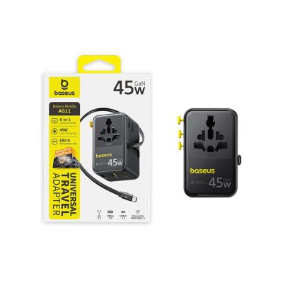 5. Baseus PicoGo AG11 45W 6-in-1 Travel Adapter with Retractable USB-C Cable - Black