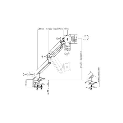 45. Single desk arm with clamp 1xLCD with gas spring max. 35" and 15kg