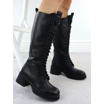 4. Women’s Leather Lace-Up Officer Boots with Block Heel, Black, Vinceza 66804