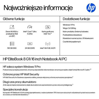 76. HP EliteBook 8 G1i AI PC Intel Core Ultra 5 225U Laptop 40.6 cm (16") WUXGA 24 GB DDR5-SDRAM 512 GB SSD Wi-Fi 6E (802.11ax) Windows 11 Pro Silver