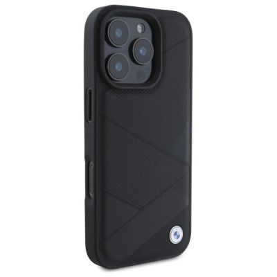 4. BMW Sign Leather Crossing Lines Pattern iPhone 16 Pro Max Case - Black