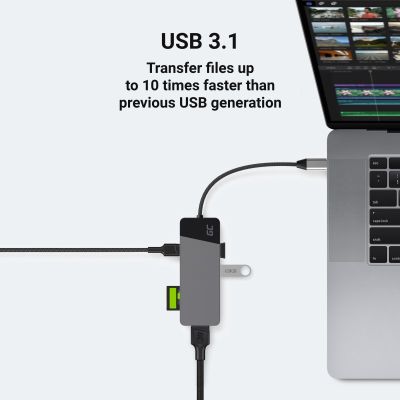 12. GREEN CELL HUB USB-C ADAPTER GC CONNECT 7IN1 (3XUSB 3.1, HDMI 4K 60HZ, USB-C PD 85W, MICROSD/SD)