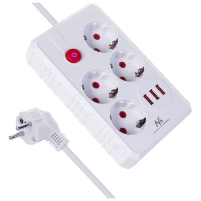 MACLEAN POWER STRIP, EXTENSION CORD 4 OUTLETS + 3XUSB, 110-240V AC 50/60HZ, 2.1A MAX 2500W, 3M, WHITE MCE393 W