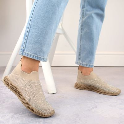 D&A W OLI257A beige slip-on sneakers with rhinestones
