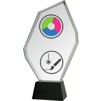 Glass trophy with LuxorJet color print, engraving, paint filling and case