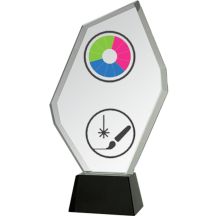 Glass trophy with LuxorJet color print, engraving, paint filling and case