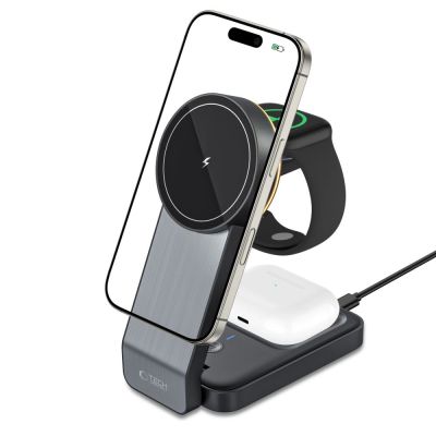 9. Tech-Protect QI15W-A28 MagSafe 3in1 Inductive Charger with Smartphone / Apple Watch / AirPods Stand - Black