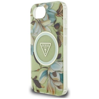 6. Guess IML Metal Glitter Flowers Triangle MagSafe iPhone 16e Case - Green