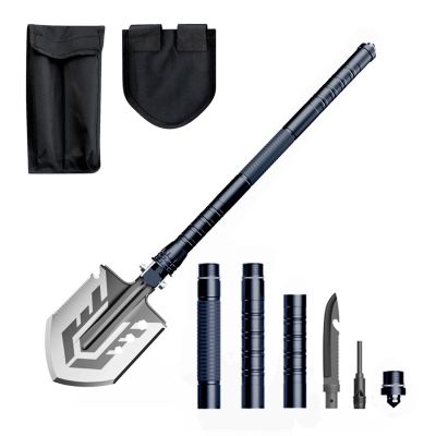 Wozinsky WSS-211 survival bushcraft shovel multifunctional knife breaker flint whistle harpoon 21 in 1 - gray