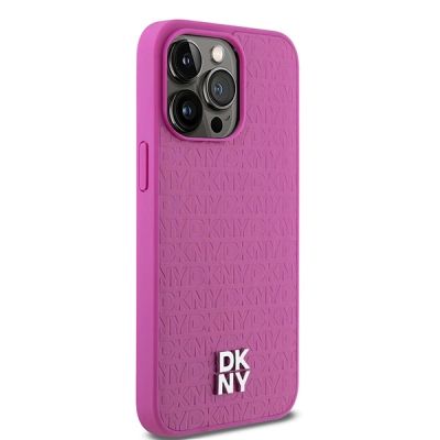 4. DKNY Leather Monogram Pattern Metal Logo MagSafe Case for iPhone 15 Pro Max - Pink