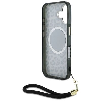 6. Guess HC IML Leopard Triangle Cord Strap MagSafe case for iPhone 16 - black