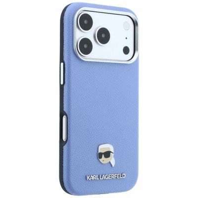 4. Karl Lagerfeld Grained Karl Head Metal MagSafe Case for iPhone 18 Pro / 17 Pro - Light Blue