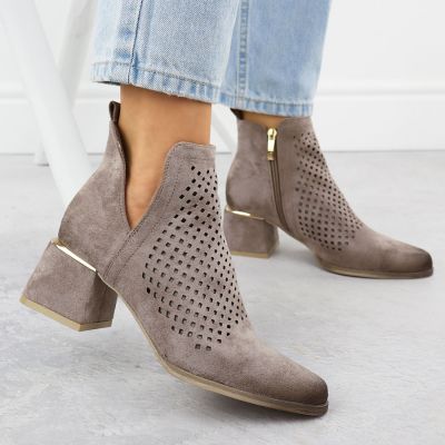 6. Women's suede ankle boots with openwork heels, gray, Potocki SZ12356