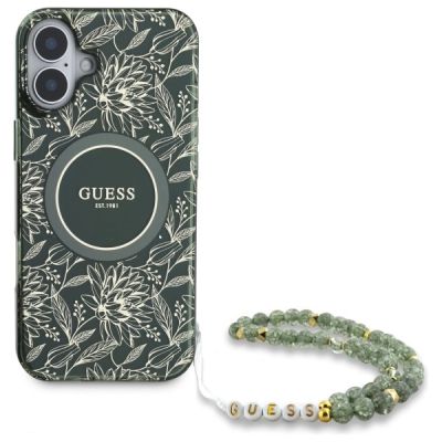2. Guess IML Flowers Allover Electro With Pearl Strap MagSafe case for iPhone 16 Plus - green
