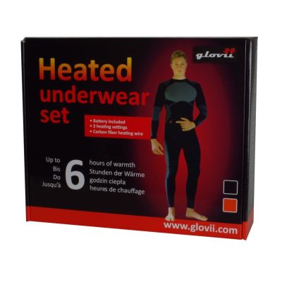 18. GLOVII HEATED THERMOACTIVE UNDERWEAR SET, SWEATSHIRT AND PANTS, SIZE L, BLACK, BATTERIES AND CHARGER INCLUDED, GXBL