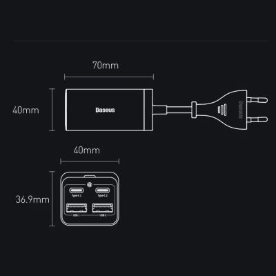 21. Baseus GaN3 Pro fast charger GaN 2 x USB Type C / 2 x USB 65W PD, QC4.0+, AFC, PPS + cable USB Type C - USB Type C 1m black (CCGP040101)