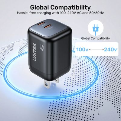 22. UNITEK 2X GAN 45W CHARGING UNIT, 2XUSB-C PD 3.0, QC, BLACK