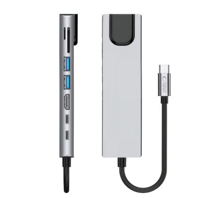 6. Tech-Protect HB09 USB hub 8in1 TYPE-C + USB-A 3.0 + USB-C 3.0 + HDMI 4K 60HZ + SD/TF + PD100W + RJ45 1000 MB/S - gray