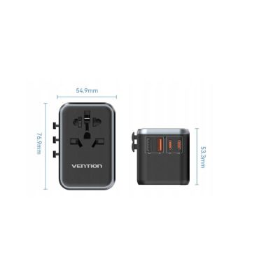 5. Vention 65W GaN Universal Travel Adapter with Charger 2x USB-A 2x USB-C Black