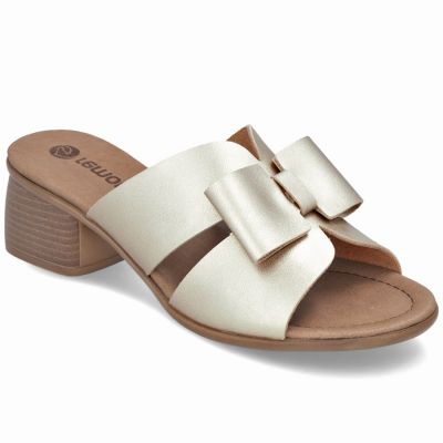 Women's leather slides on a block, gold Remonte R8759-90