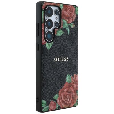 4. Guess Leather 4G Flowers Print Metal Classic Logo MagSafe Case for Samsung Galaxy S25 Ultra - Black