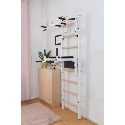 19. WOODEN AND METAL GYMNASTIC WALL BAR WITH BAR AND ACCESSORIES BENCHK 232W