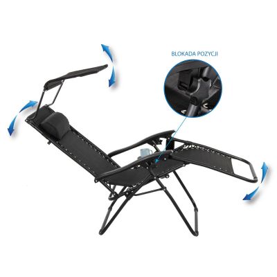 19. FOLDABLE GARDEN DECK CHAIR WITH CANOPY 173X52/65X110CM BLACK-GRAY