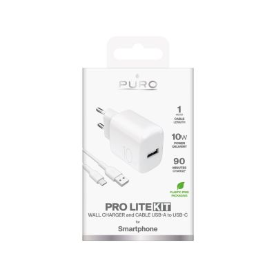 2. Puro PROLITE 10W USB-A wall charger + USB-A - USB-C cable 1.2m - white