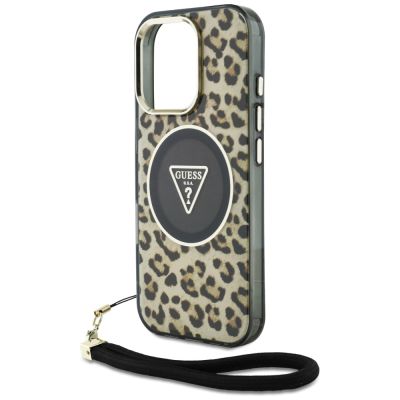 5. Guess HC IML Leopard Triangle Cord Strap MagSafe Case for iPhone 16 Pro - Brown