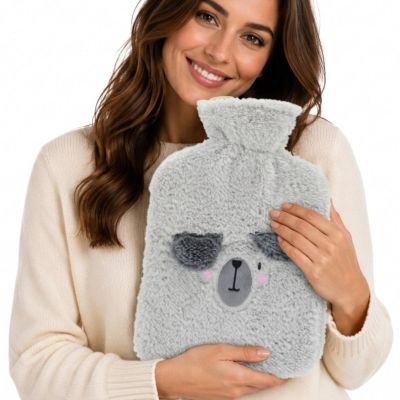RUBBER HOT WATER BOTTLE 1.75L IN ANIMAL COVER - GRAY