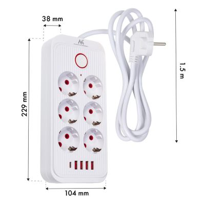7. MACLEAN POWER STRIP, EXTENSION CORD 6 OUTLETS + 4XUSB, 110-240V AC 50/60HZ, 2.1A MAX 2500W, 1.5M, WHITE MCE389W