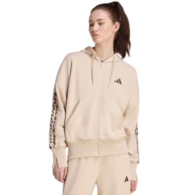 Women's adidas Seasonal Essentials Animal Print 3-Stripes Full-Zip Hooded Sweatshirt Beige KH1547