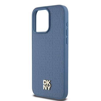 6. DKNY Leather Monogram Pattern Metal Logo MagSafe Case for iPhone 15 Pro Max - Blue