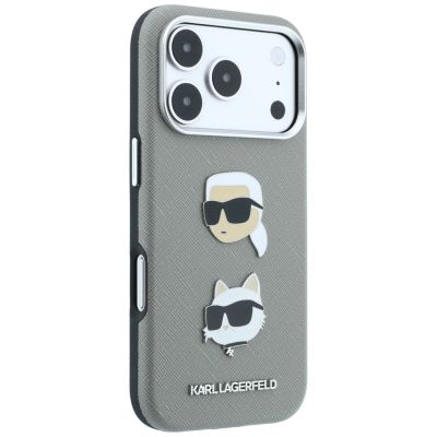 4. Karl Lagerfeld Saffiano Case with Karl & Choupette Heads Pins & Logo for iPhone 18 Pro / 17 Pro - Gray