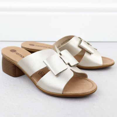 3. Women's leather slides on a block, gold Remonte R8759-90