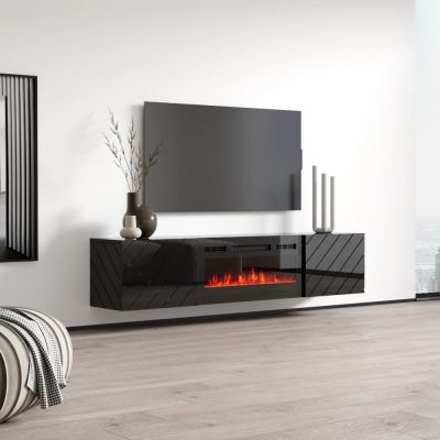 2. TV cabinet LUXE 182.6x34.5x37.5 black/gloss black + black fireplace
