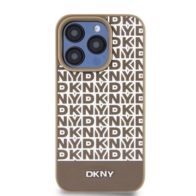 3. DKNY Leather Printed Pattern Metal Logo MagSafe Case for iPhone 15 Pro Max - Brown